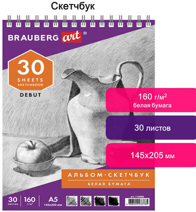 Скетчбук, белая бумага 160 г/м2, 145х205 мм, 30 л., гребень, жёсткая подложка, BRAUBERG ART DEBUT, 110989