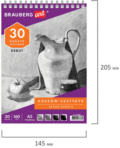 Скетчбук, белая бумага 160 г/м2, 145х205 мм, 30 л., гребень, жёсткая подложка, BRAUBERG ART DEBUT, 110989
