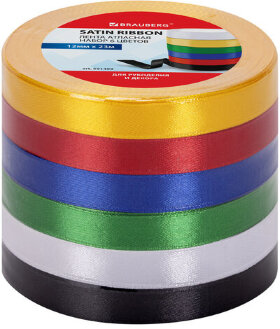 Лента атласная ширина 12 мм, набор №1 6 цветов по 23 м, BRAUBERG, 591499
