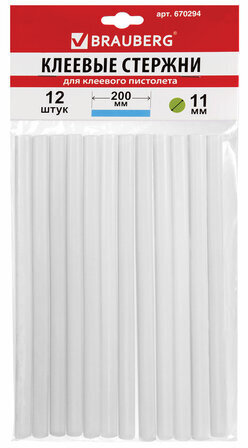 Клеевые стержни, диаметр 11 мм, длина 200 мм, прозрачные, комплект 12 шт., BRAUBERG, европодвес, 670294