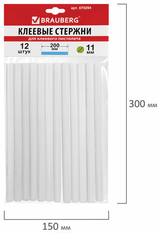 Клеевые стержни, диаметр 11 мм, длина 200 мм, прозрачные, комплект 12 шт., BRAUBERG, европодвес, 670294