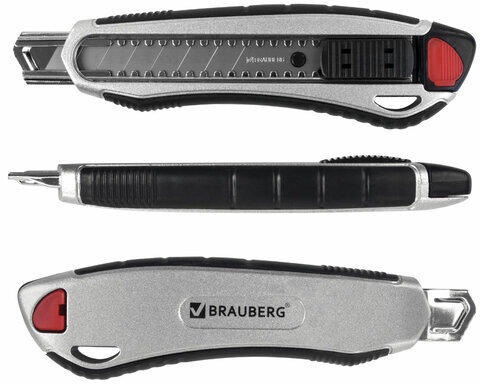 Нож канцелярский мощный 18 мм BRAUBERG "Heavy duty", автофиксатор, резиновые вставки, металл, 237158