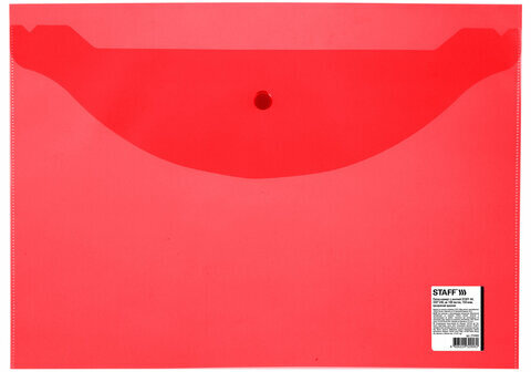 Папка-конверт с кнопкой STAFF, А4, до 100 листов, прозрачная, красная, 0,15 мм, 270469