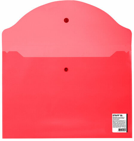 Папка-конверт с кнопкой STAFF, А4, до 100 листов, прозрачная, красная, 0,15 мм, 270469