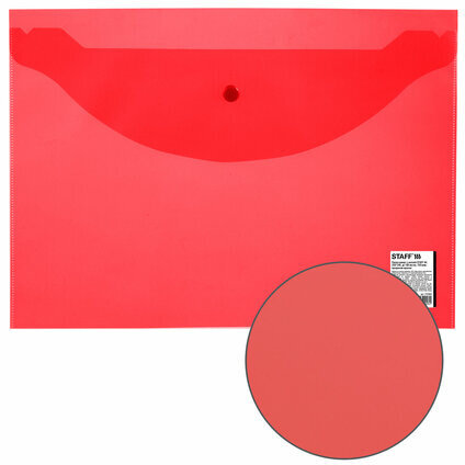 Папка-конверт с кнопкой STAFF, А4, до 100 листов, прозрачная, красная, 0,15 мм, 270469