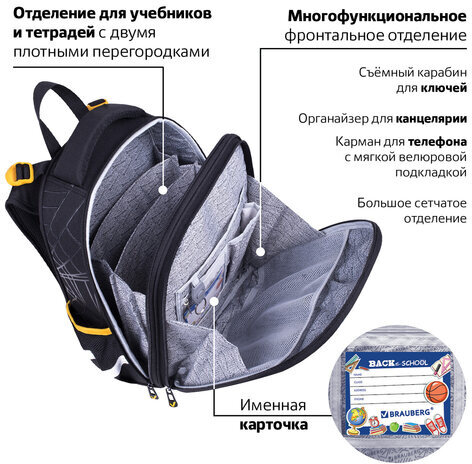 Ранец BRAUBERG PREMIUM, 2 отделения, с брелком, "Venomous spider", 3D панель, 38х29х16 см, 271355