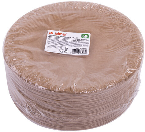 Тарелка одноразовая крафт бумажная 180 мм, КОМПЛЕКТ 100 штук, LAIMA ECO CRAFT, 608087