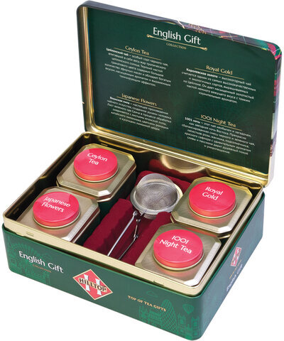 Чай HILLTOP «Английская шкатулка», 4 чайницы с коллекцией чаев и заварная ложка-ситечко, 200 г, F501