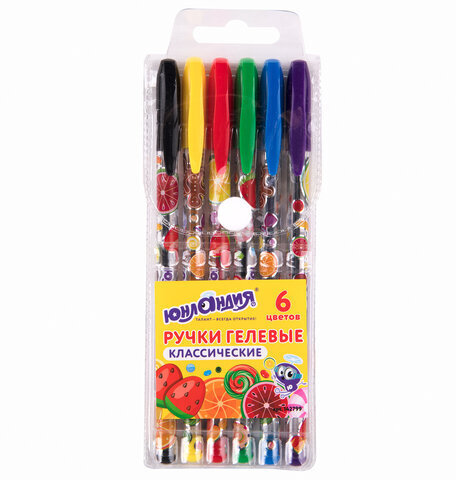 Ручки гелевые ЮНЛАНДИЯ, НАБОР 6 ЦВЕТОВ, корпус с печатью, узел 0,5 мм, линия письма 0,35 мм, 142799