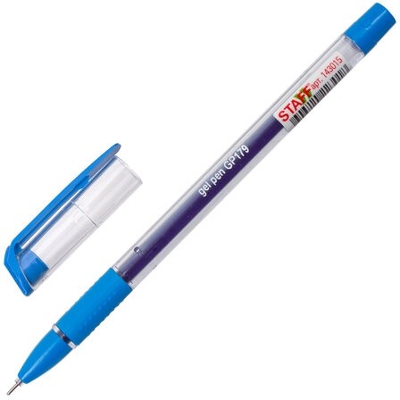 Ручка гелевая с грипом STAFF "College" GP-179, СИНЯЯ, корпус прозрачный, игольчатый узел 0,6 мм, линия письма 0,3 мм, 143015