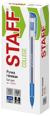 Ручка гелевая с грипом STAFF "College" GP-179, СИНЯЯ, корпус прозрачный, игольчатый узел 0,6 мм, линия письма 0,3 мм, 143015