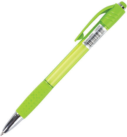 Ручка шариковая автоматическая с грипом BRAUBERG SUPER, СИНЯЯ, корпус зеленый, пишущий узел 0,7 мм, линия письма 0,35 мм, 143370