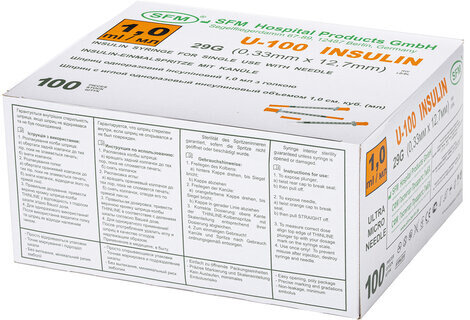 Шприц инсулиновый SFM, 1 мл, КОМПЛЕКТ 10 шт., пакет, U-100 игла несъемная 0,33х12,7 мм - 29G, 534250