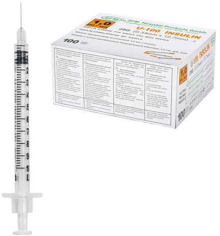 Шприц инсулиновый SFM, 1 мл, КОМПЛЕКТ 10 шт., пакет, U-100 игла несъемная 0,33х12,7 мм - 29G, 534250