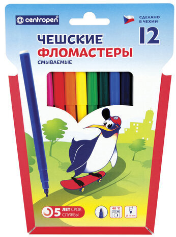 Фломастеры 12 ЦВЕТОВ CENTROPEN "Пингвины", смываемые, вентилируемый колпачок, 7790/12ET, 7 7790 1286
