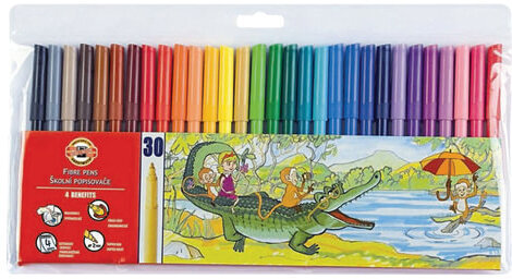 Фломастеры KOH-I-NOOR, 30 цветов, смываемые, трехгранные, пластиковая упаковка, европодвес, 771002CJ04TERU