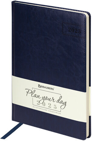 Ежедневник датированный 2025, БОЛЬШОЙ ФОРМАТ, 210х297 мм, А4, BRAUBERG "Imperial", под кожу, синий, 115739