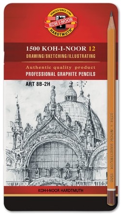 Карандаши чернографитные KOH-I-NOOR, НАБОР 12 шт., "Art", 8В-2H, без резинки, металлическая коробка, 1502012008PL