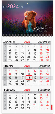 Календарь квартальный на 2024 г., 3 блока, 1 гребень, с бегунком, офсет, BRAUBERG, "Собачка", 115282