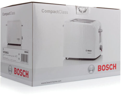 Тостер BOSCH TAT3A011, 900 Вт, 2 тоста, разморозка, подогрев, решетка для булочек, пластик, белый
