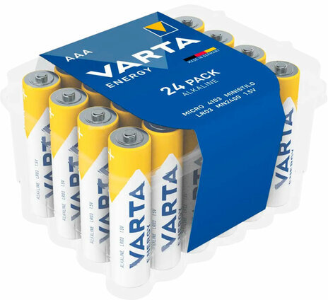 Батарейки алкалиновые "мизинчиковые" КОМПЛЕКТ 24 шт., VARTA ENERGY, ААА (LR03,15А), пластиковый бокс, 4103229224
