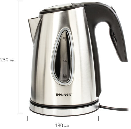 Чайник SONNEN KT-1721, 1,7 л, 2200 Вт, закрытый нагревательный элемент, нержавеющая сталь, черный, подсветка, 454347