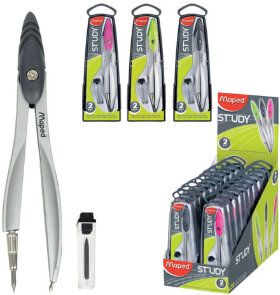 Циркуль MAPED (Франция) &quot;Study&quot;, 120 мм, металлический, грифель 2 мм, ассорти, пенал с европодвесом, 119450