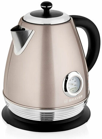 Чайник с термометром BRAYER BR1007, 1,7 л, 2200 Вт, закрытый нагревательный элемент, сталь, бежевый