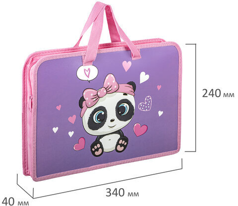 Папка на молнии с ручками ЮНЛАНДИЯ А4, 1 отделение, пластик, ширина 45 мм, "Sweet Panda", 271456