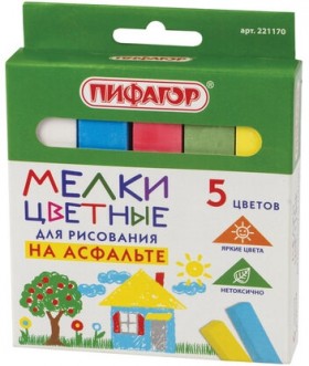 Мел цветной ПИФАГОР, набор 5 шт., для рисования на асфальте, квадратный, 221170