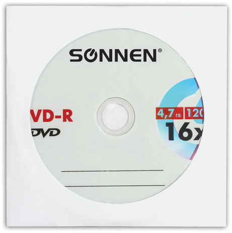 Диск DVD-R SONNEN, 4,7 Gb, 16x, бумажный конверт (1 штука), 512576
