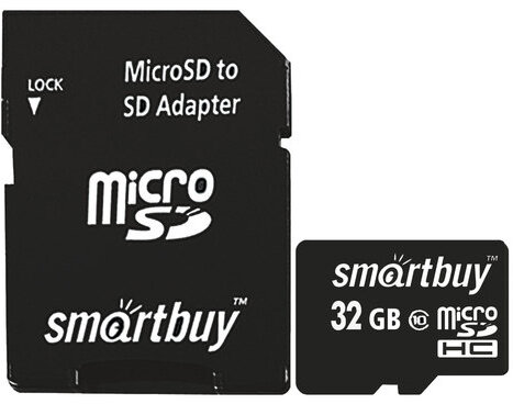 Карта памяти micro SDHC, 32 GB, SMARTBUY, 10 Мб/сек. (class 10), с адаптером, SB32GBSDCL10-01