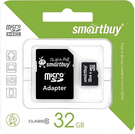 Карта памяти micro SDHC, 32 GB, SMARTBUY, 10 Мб/сек. (class 10), с адаптером, SB32GBSDCL10-01
