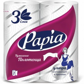 Полотенца бумажные бытовые, спайка 2 шт., 3-слойные (2х10,8 м), PAPIA, 23x12,5 см, белые, 5081504