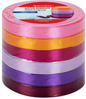 Лента атласная ширина 12 мм, набор №2 6 цветов по 23 м, BRAUBERG, 591500