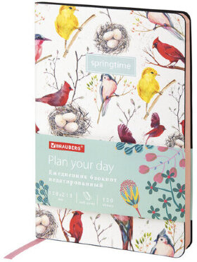 Ежедневник недатированный А5 (138х213 мм), BRAUBERG VISTA, под кожу, гибкий, 136 л., "Birds", 112021