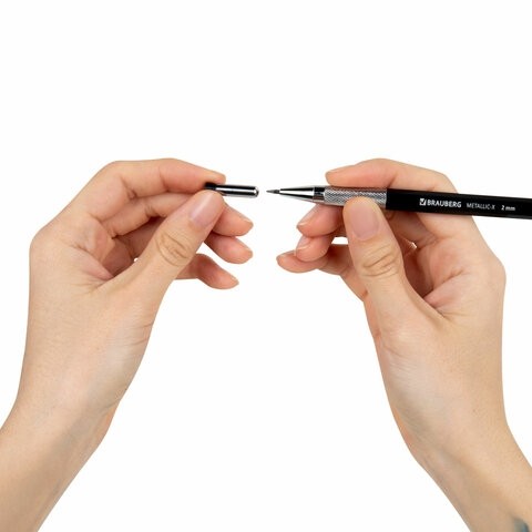 Карандаш механический цанговый 2 мм + грифели HB 12 штук на блистере, BRAUBERG "METALLIC-X 20", металлические детали, 181967