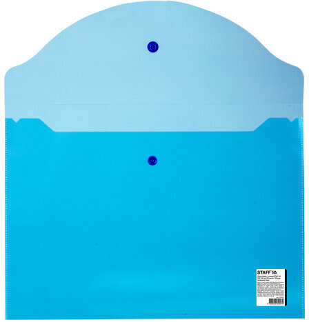 Папка-конверт с кнопкой STAFF, А4, до 100 листов, прозрачная, синяя, 0,15 мм, 270470