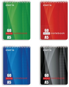 Блокнот А5 (146х205 мм), 60 л., гребень, жесткая подложка, клетка, STAFF, 4 вида, 126539