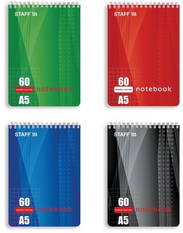 Блокнот А5 (146х205 мм), 60 л., гребень, жесткая подложка, клетка, STAFF, 4 вида, 126539