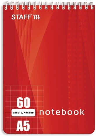 Блокнот А5 (146х205 мм), 60 л., гребень, жесткая подложка, клетка, STAFF, 4 вида, 126539
