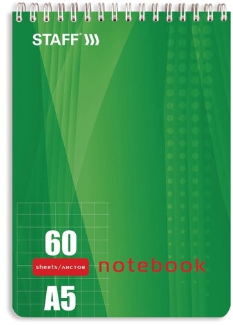 Блокнот А5 (146х205 мм), 60 л., гребень, жесткая подложка, клетка, STAFF, 4 вида, 126539