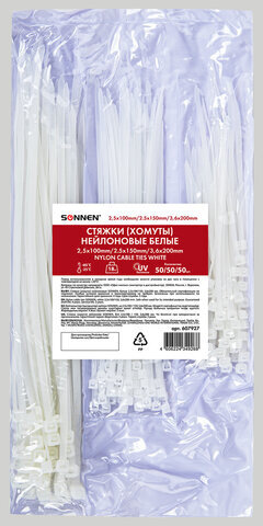 Стяжки (хомуты) нейлоновые сверхпрочные НАБОР 150 шт. (2,5х100/150 мм; 3,6х200 мм), белые, SONNEN, 607927