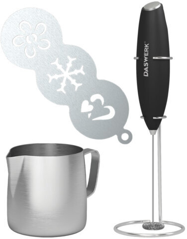 Капучинатор/вспениватель электрический с подставкой, питчером, трафаретами 4 в 1, черный, DASWERK, 456181