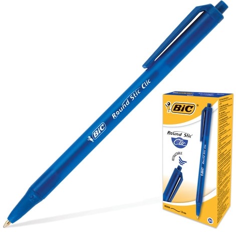 Ручка шариковая автоматическая BIC "Round Stic Clic", СИНЯЯ, корпус тонированный синий, узел 1 мм, линия письма 0,32 мм, 926376