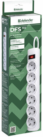 Сетевой фильтр DEFENDER DFS 155, 6 розеток, 5 м, белый, 99493