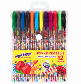 Ручки гелевые ЮНЛАНДИЯ, НАБОР 12 ЦВЕТОВ, корпус с печатью, узел 0,5 мм, линия письма 0,35 мм, 142800