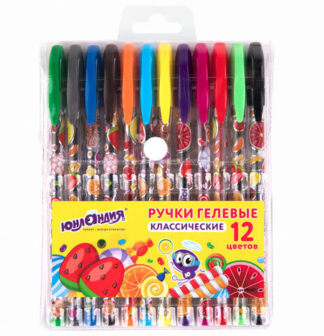 Ручки гелевые ЮНЛАНДИЯ, НАБОР 12 ЦВЕТОВ, корпус с печатью, узел 0,5 мм, линия письма 0,35 мм, 142800