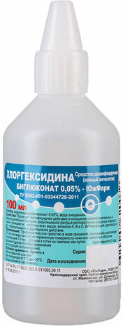 Антисептик для рук и поверхностей Хлоргексидин водный раствор 0,05%, пластиковый флакон, 100 мл, Южфарм