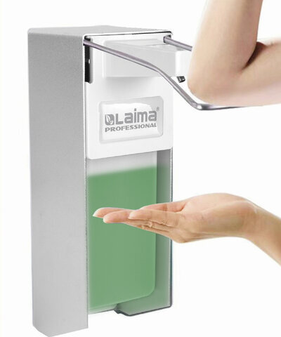 Дозатор локтевой для жидкого мыла и геля-антисептика, с еврофлаконом 1 л, LAIMA, металлический, 605706